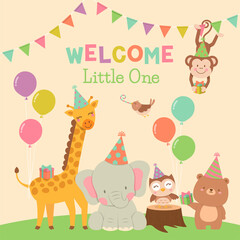 Cute animals cartoon illustration for baby shower card design template