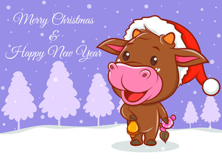 cute cow cartoon character with merry Christmas and happy new year greeting banner.