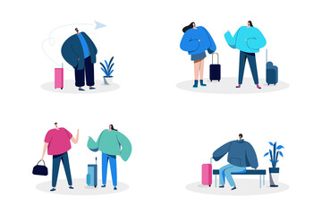 People talking and travelling, travellers with their luggages and waiting for trip flat illustrations