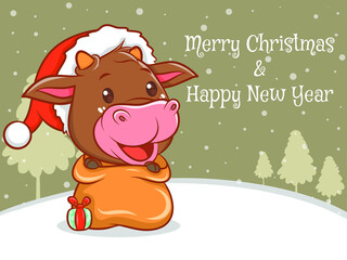 cute cow cartoon character with merry Christmas and happy new year greeting banner.