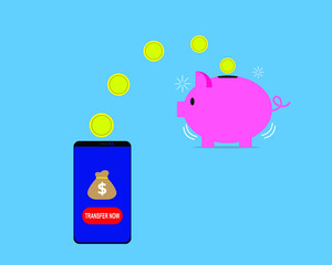 An illustration of smartphone transferring money to piggy bank. Online transaction for investment and saving concept.