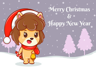 cute puppy cartoon character with merry Christmas and happy new year greeting banner.