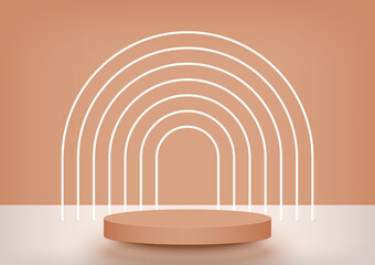 Circle stage podium decor with rainbow arch shape.Pedestal scene with for product stand, advertising, show, winner, award, on brown background.Abstract platform.Base minimal style.Vector illustration.
