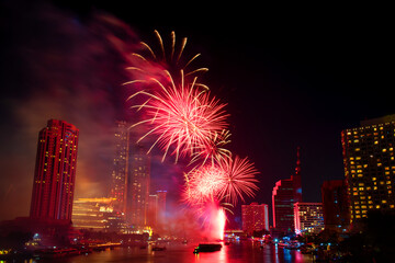 Happy new year and merry Christmas concept Celebration and Fantastic Multicolor Firework