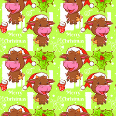 cute cow cartoon character Christmas seamless pattern