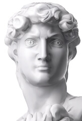 David face of Michelangelo's. Classical plaster bust sculpture. Gypsum head of statue isolated on white background. 3D rendering illustration