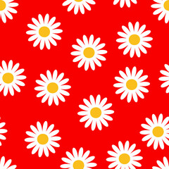 White chamomile flower on red seamless background, vector abstraction. Design of clothes, paper, fabric.