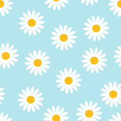 Fototapeta premium Beautiful white chamomile vector flower on blue seamless background