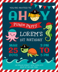 Cute cartoon marine life illustration for pirate theme party invitation card template.