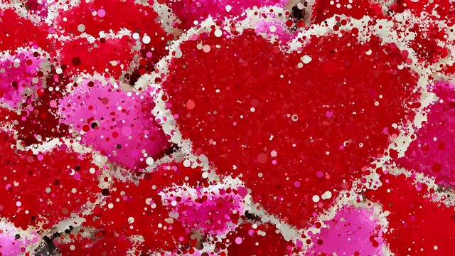 Colorful animation of the appearance of lovers' hearts from a vortex cloud consisting of small multicolored particles. Red hearts are united in love. A postcard and a picture for Valentine's Day.
