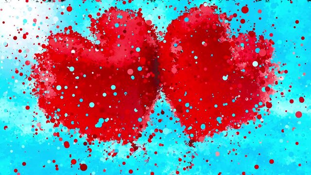 Colorful animation of the appearance of two red hearts in love on a blue background from a swirling cloud consisting of small multicolored particles. A postcard and a picture for Valentine's Day.