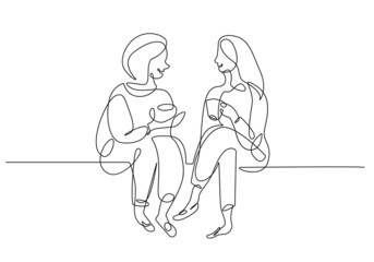 Two Women Line Art Drawing. Woman One Line Minimalist Illustration. Female Friendship Minimal Sketch Drawing. Abstract Single Line Vector Art.