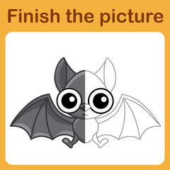 Connect the dot and complete the picture. Simple coloring vampire bat. Drawing game for children
