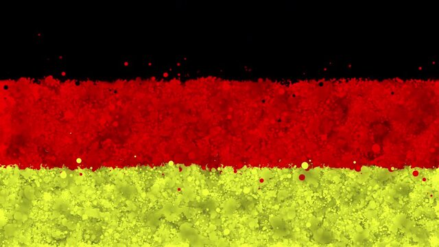 Colorful animation of the flag of Germany, gradually emerging from a moving swirling cloud consisting of many colorful small particles. The particles rotate, forming the national flag of Germany.