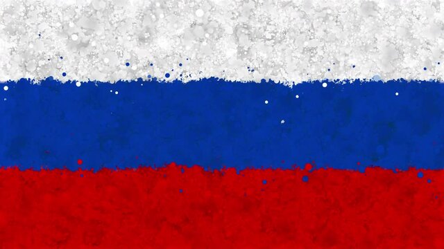 Colorful animation of the flag of Russia, gradually emerging from a moving swirling cloud consisting of many colorful small particles. The particles rotate, forming the national flag of Russia.