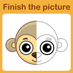 Connect the dot and complete the picture. Simple coloring monkey. Drawing game for children