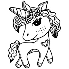 Black line Unicorn for coloring book or page