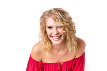 Closeup portrait of friendly happy laughining woman isolated at white background.