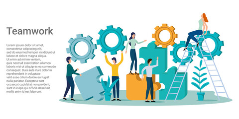 Teamwork.People with puzzles and gears do the work.Poster in business style.Vector illustration.