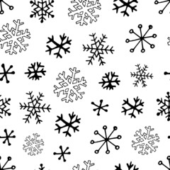 Vector seamless pattern from snowflakes. Hand-drawn illustrations in line art and doodle style. Creation of design for New Year, winter, Christmas