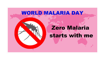 A flat illustration of a poster for World malaria day on a pink world map background and information about zero malaria