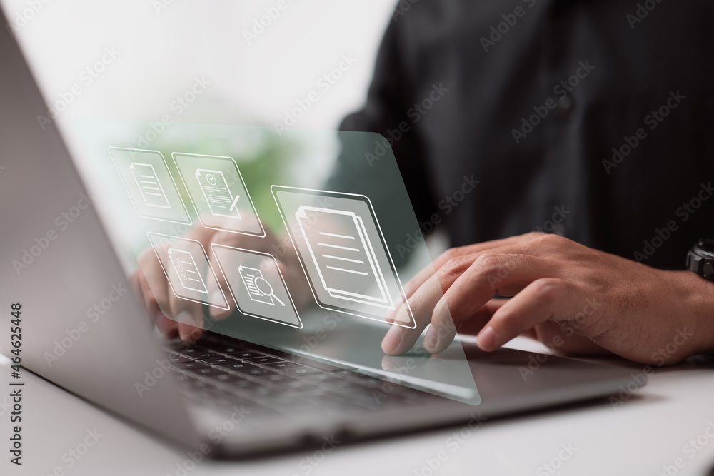 Aufkleber Online virtual documentation database, document management concept.