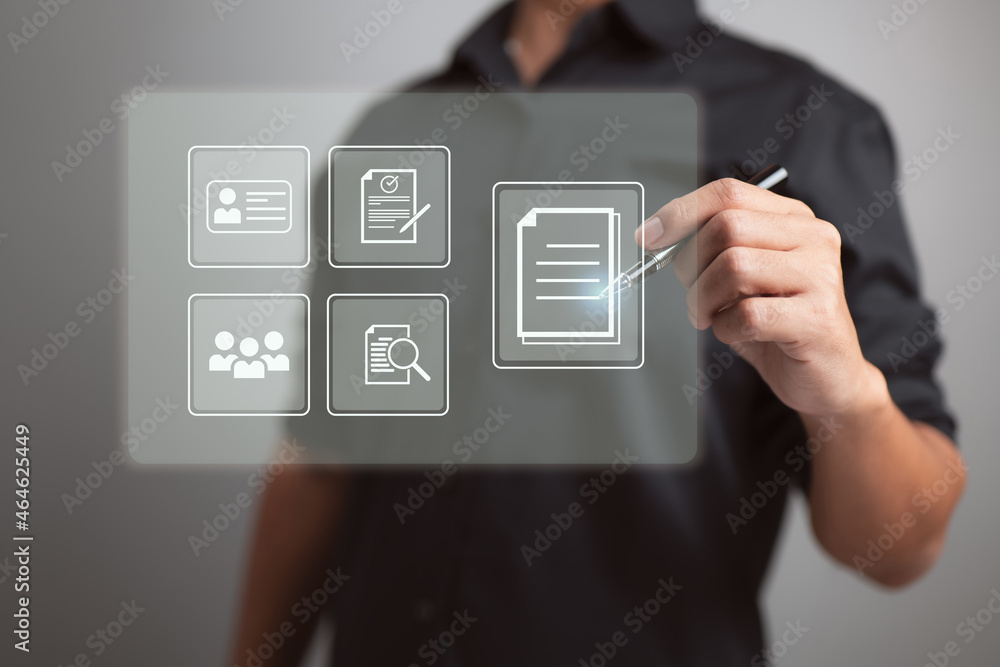 Aufkleber document management data system business internet technology concept.