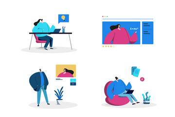Students learning in online courses and reading modules online, watching videos and online class flat illustrations