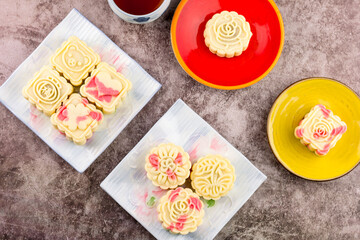Top view. Homemade bakery concept. Delicious pineapple cookies look like mooncake on table.