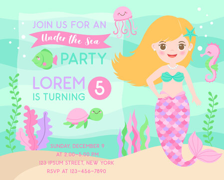 Cute mermaid and marine life illustration for party invitation card template.