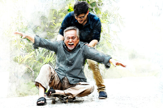 Digital painting and drawing of Senior grandfather have fun with riding skateboard togetter young man son in outdoor garden - family activity outdoor concept
