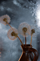 Vertical, close-up shot of four common dandelions on a brown vase