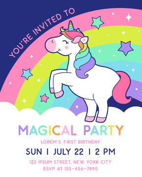 Cute unicorn illustration with rainbow background for birthday party invitation card template.