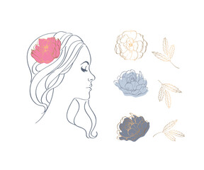 A girl with a pink flower in her hair. Hand drawn flowers and leaves. Vector.