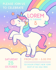 Cute unicorn illustration with rainbow and cloud background for party invitation card template. © NTRdesign