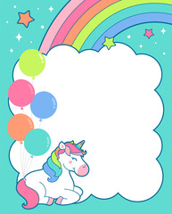 Cute unicorn with balloons and cloud shaped copy space for party invitation card template.