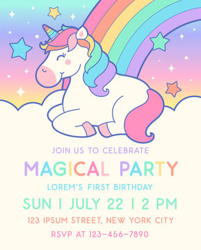 Cute unicorn illustration with rainbow and cloud background for party invitation card template.