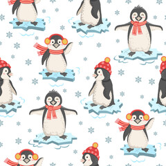 Vector seamless pattern with cute penguins on ice floes. Nordic funny cartoon pets. Scadinavian style. Template for textiles, wrapping paper, clothing.