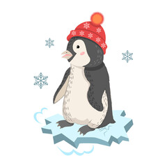 Funny penguin on an ice floe in a hat cartoon vector illustration. Cute pet northern animal. Children's drawings for textiles, prints, T-shirts, souvenirs.