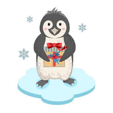 Funny penguin with a gift. Cute character in cartoon style. Children's picture for textiles, prints, t-shirts, souvenirs. Vector illustration.