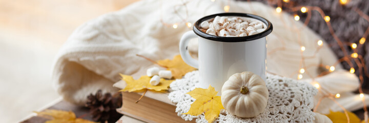 Autumn composition with hot chocolate with marshmallow. Aromatherapy on a grey fall morning, atmosphere of cosiness and relax. Wooden background, window sill, banner