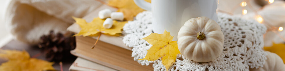 Autumn composition with hot chocolate with marshmallow. Aromatherapy on a grey fall morning, atmosphere of cosiness and relax. Wooden background, window sill, banner