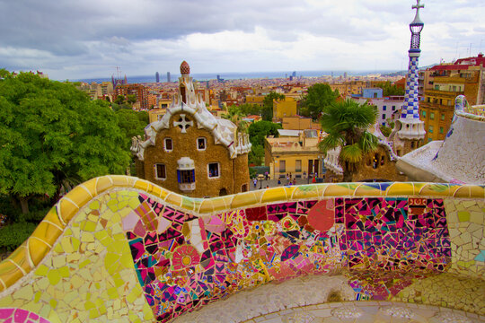 beautiful view of Park Guell in Barcelona, Spain	