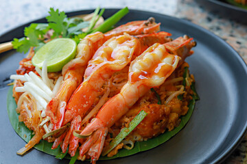 World famous freshly stir-fried cooked, Thai recipe of Prawn Pad Thai noodles