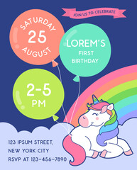 Cute unicorn and big balloons with rainbow and cloud background for party invitation card template.