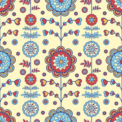 Vector illustration. Seamless floral pattern. Stylized colorful flowers on a beige background.
