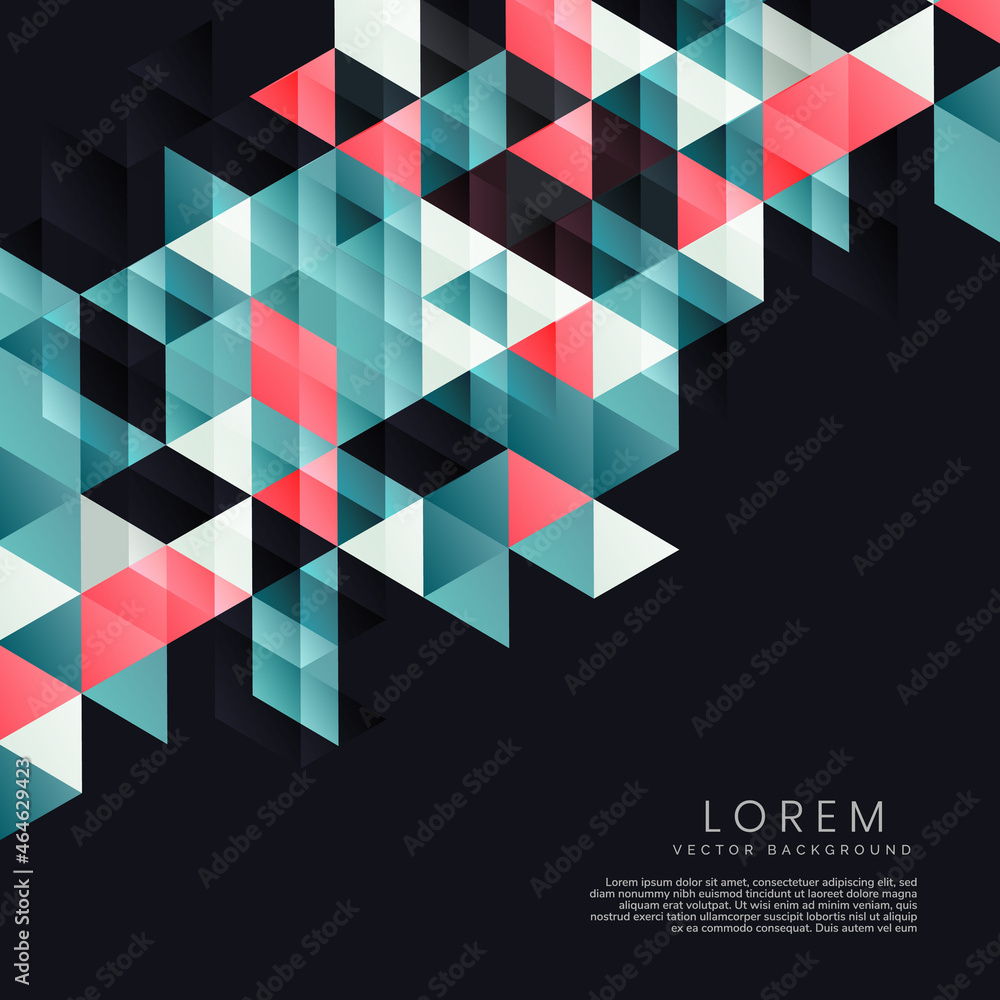 Poster template design abstract modern colorful triangles on black background with copy space for text.