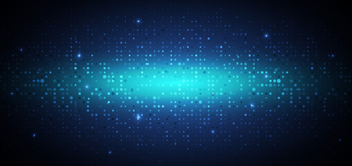 Abstract technology futuristic digital concept dot pattern with lighting glowing particles square elements on dark blue background.