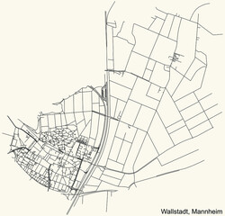 Detailed navigation urban street roads map on vintage beige background of the quarter Wallstadt district of the German regional capital city of Mannheim, Germany