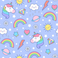 Cute pastel unicorn, rainbow, diamond, saturn, thunder, sun and heart seamless pattern with star background.